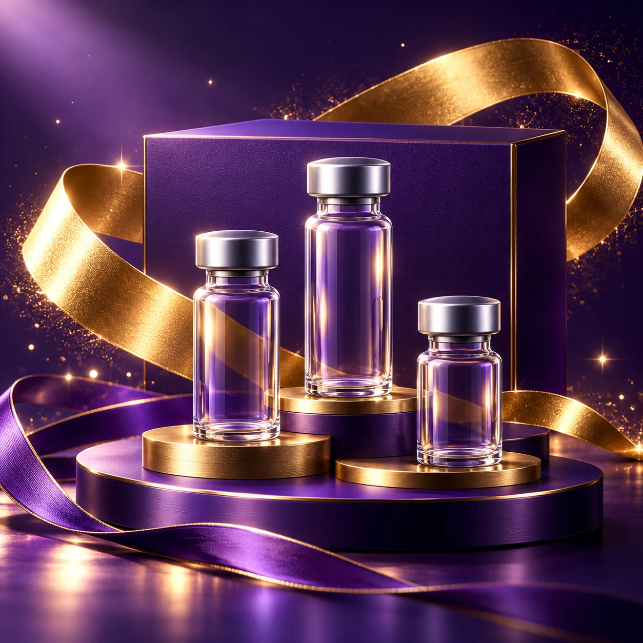 Decorative illustration of glass laboratory vials on a purple and gold display stage